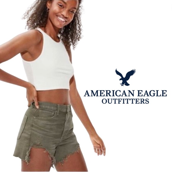 AMERICAN Eagle Green Distressed Highest Rise Mom Short - Size 8 - Picture 1 of 12